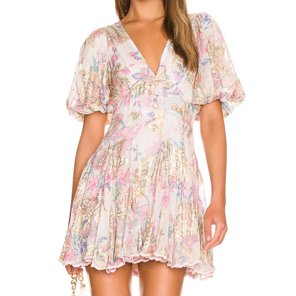 HEMANT & NANDITA Metallic Floral Puff-Sleeve Minidress